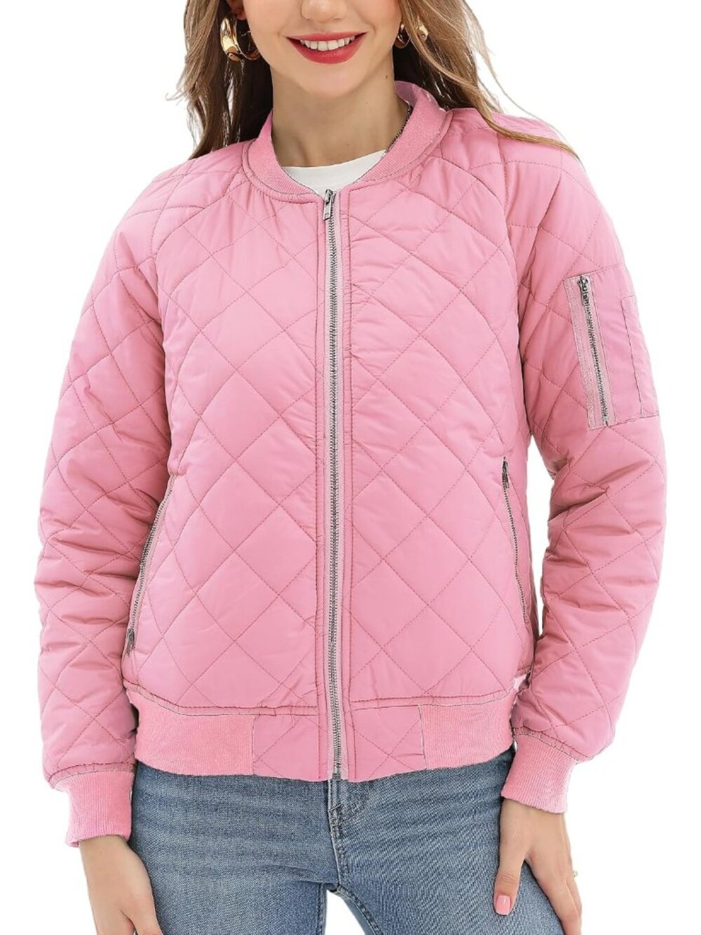 Women's Pink Quilted Bomber Jacket with 5 Pockets Long Sleeves Front Zipper